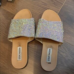 Steve Madden Iridescent Crystal Slide Sandals - Tan